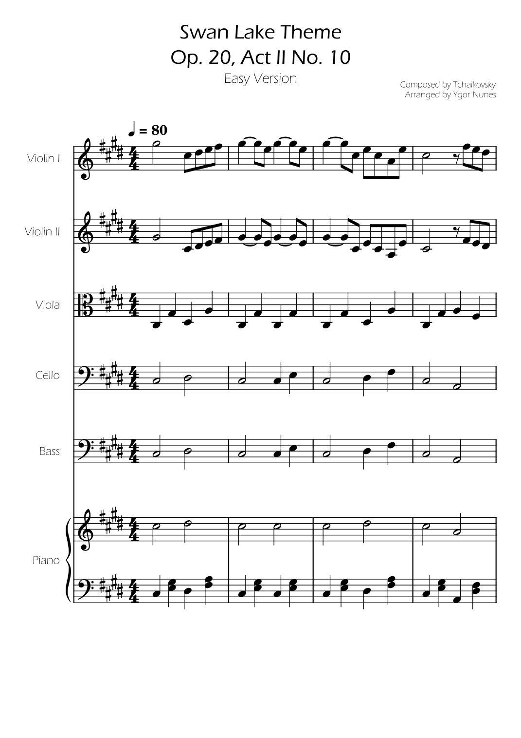 Swan Lake (theme) - Tchaikovsky - String Quintet w/ Piano Accompaniment (arr. Ygor Nunes)