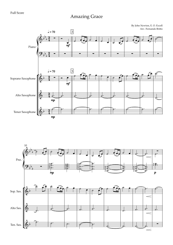 Amazing Grace  for Saxophone Trio and Piano Accompaniment with Chords (arr. Fernando Britto)