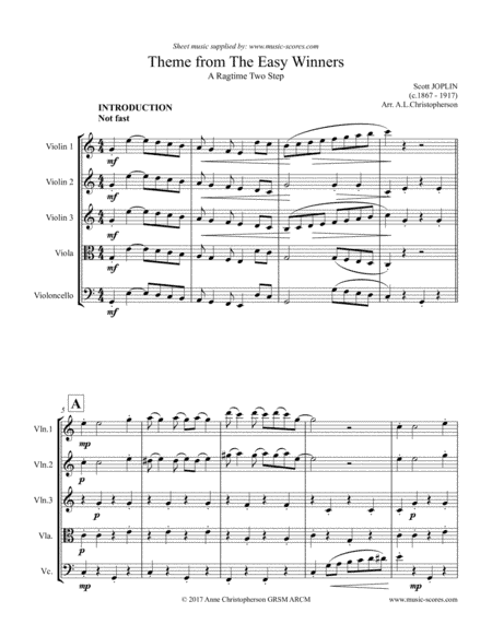The Easy Winners Theme - 3 Violins, Viola and Cello (arr. Anne Christopherson GRSM ARCM)