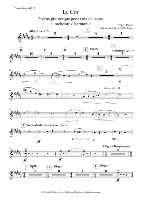 Ange Flégier: Le Cor for bass voice and concert band, alto saxophone 1 part (arr. Paul Wehage)