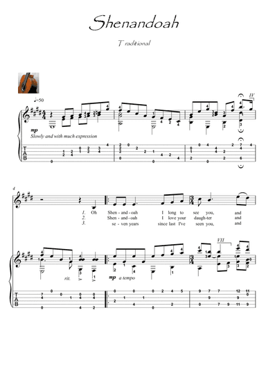 Shenandoah classical guitar fingerstyle (arr. PianoSheetNow)