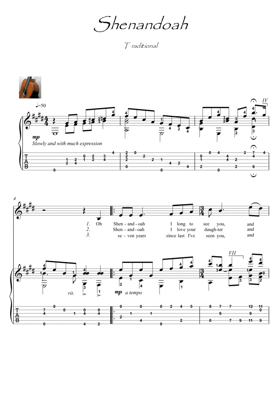 Shenandoah classical guitar fingerstyle (arr. PianoSheetNow)