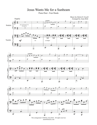 Jesus Wants Me for a Sunbeam (late elementary student/teacher piano duet) (arr. Anne Britt)