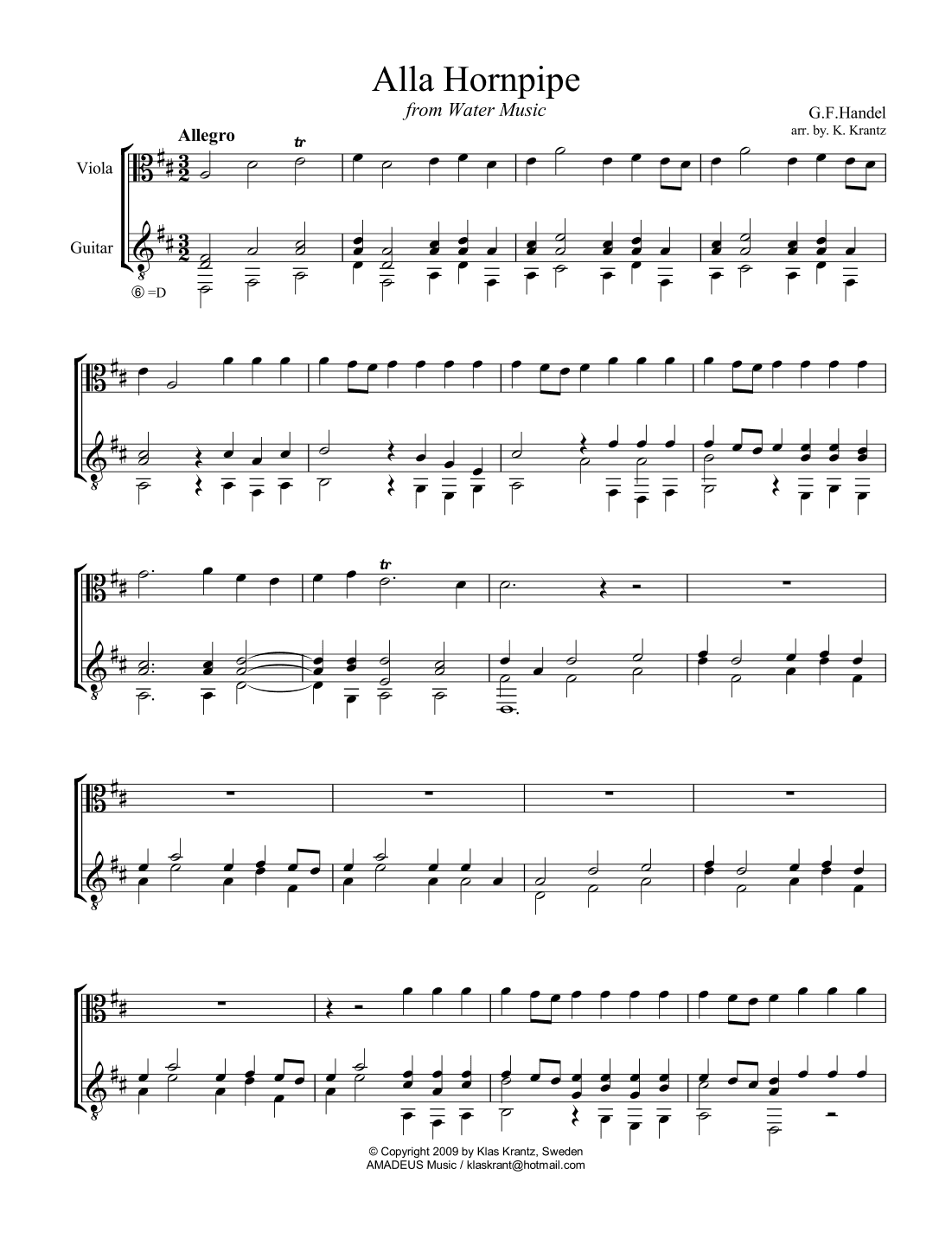 Alla Hornpipe from Water Music for viola and easy piano (arr. K. Krantz)