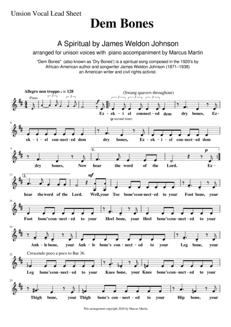 Dem Bones (unison lead sheet without accompaniment) (arr. Marcus Martin)