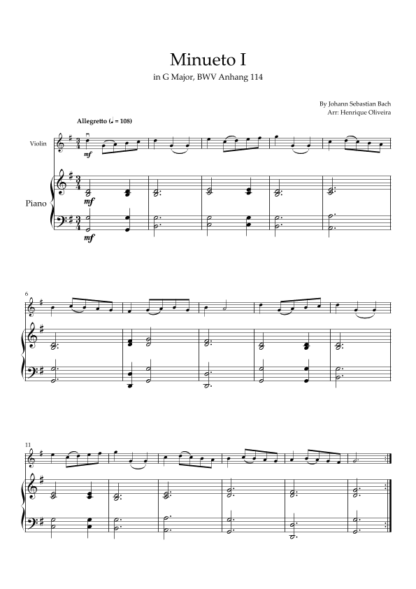 Minueto I in G Major, BWV Anhang 114 (Violin and Piano) (arr. Henrique Oliveira)