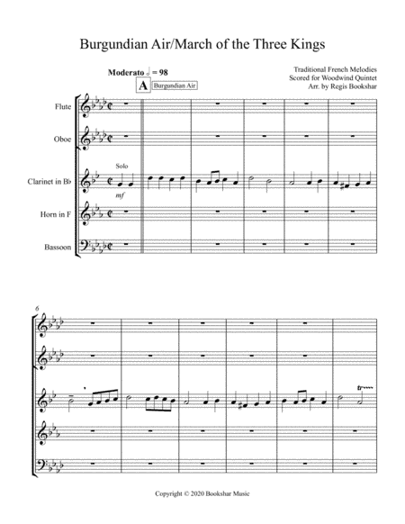 Burgundian Air/March of the Three Kings (Woodwind Quintet - 1 Flute, 1 Oboe, 1 Clar, 1 Hrn, 1 Bassoo (arr. Regis Bookshar)