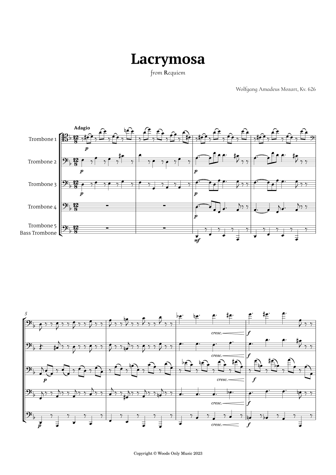 Lacrymosa by Mozart for Trombone Quintet (arr. Ander)