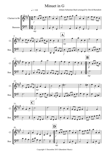 Minuet in G by Bach for Clarinet and Bassoon Duet (arr. David Burndrett)