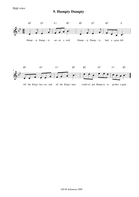 Humpty Dumpty arranged for high voice, medium voice or low voice with guitar chord accompaniments (arr. David Warin Solomons)