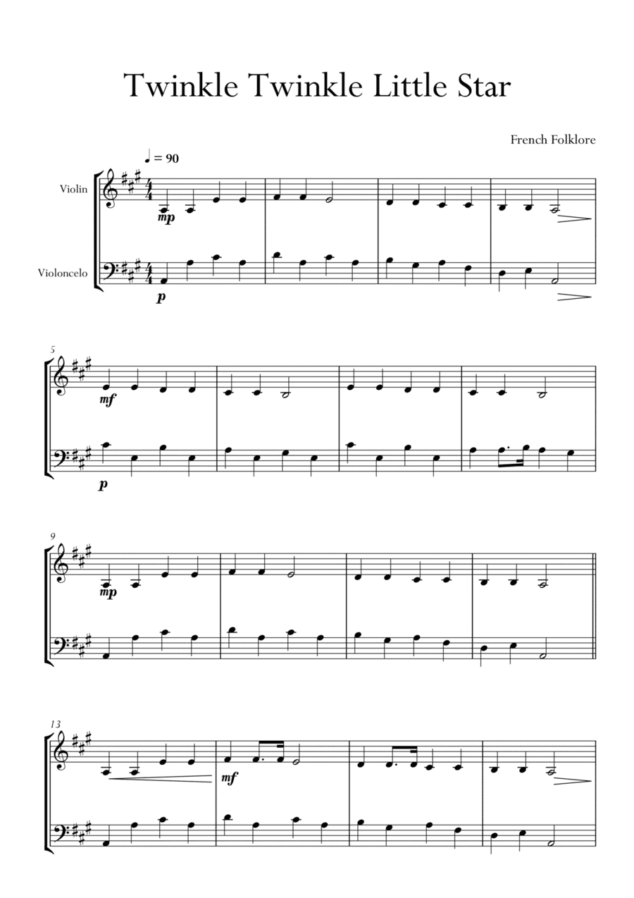 Twinkle Twinkle Little Star in A Major for Violin and Cello Duo. Easy. (arr. Matheus Araújo)