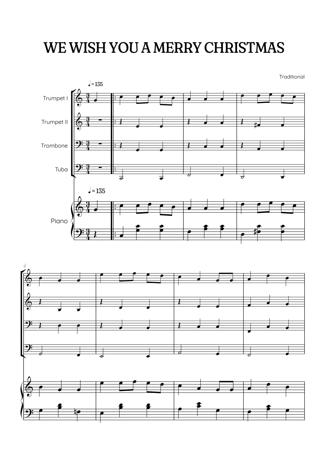 We Wish You a Merry Christmas for Brass Quartet & Piano • easy Christmas sheet music (arr. Benzaiten Editions)