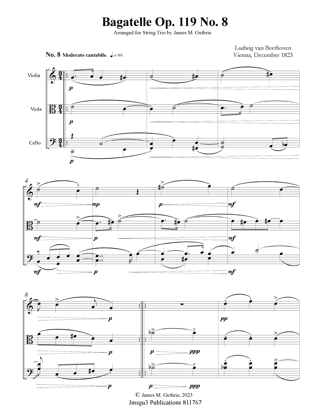 Beethoven: Bagatelle Op. 119 No. 8 for String Trio (arr. James M. Guthrie, ASCAP)