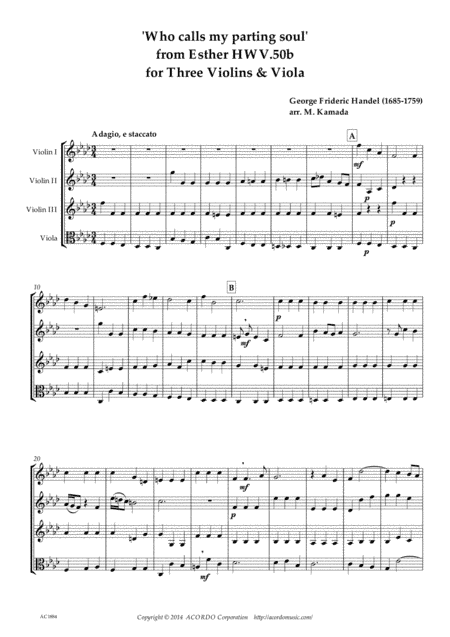 Who calls my parting soul' for three Violins & Viola from Esther HWV.50b (arr. Mikio Kamada)