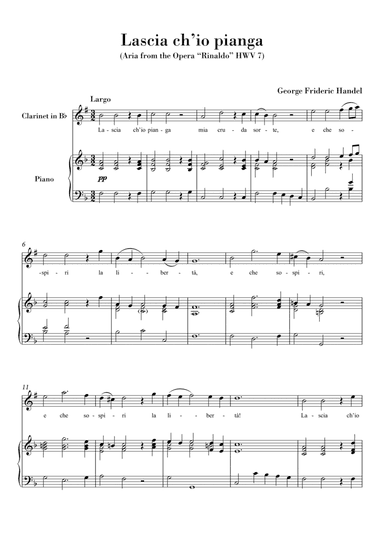 Lascia ch'io pianga (for Clarinet Bb and Piano) Original Key F major (arr. Ahiva Editions)