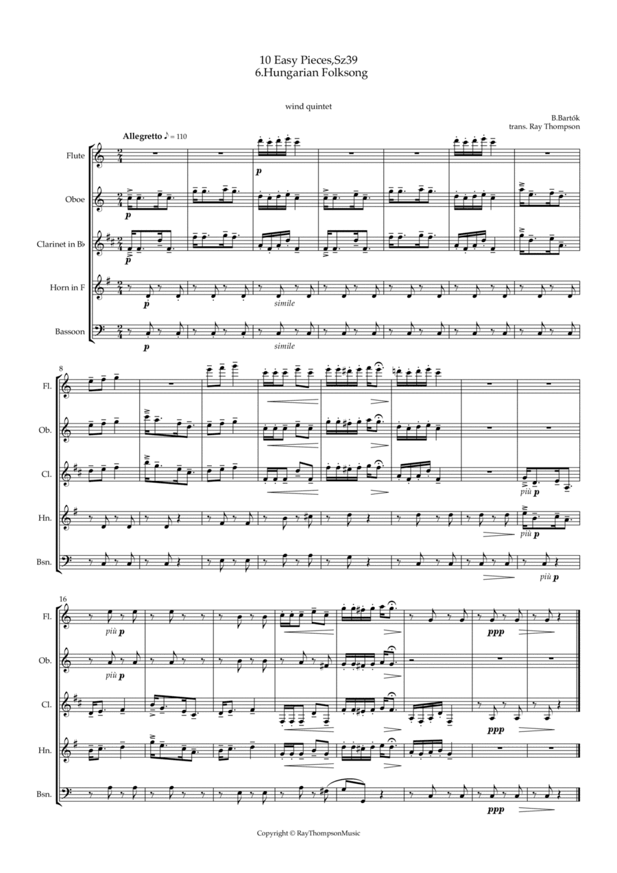 Bartók: 10 Easy Pieces , Sz.39  6.Hungarian Folksong - wind quintet (arr. Ray  Thompson)