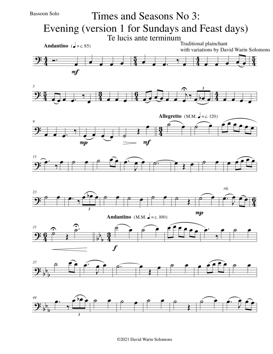 Times and Seasons for bassoon solo No 3: Evening (version 1 for Sundays and Feast days) (arr. David Warin Solomons)