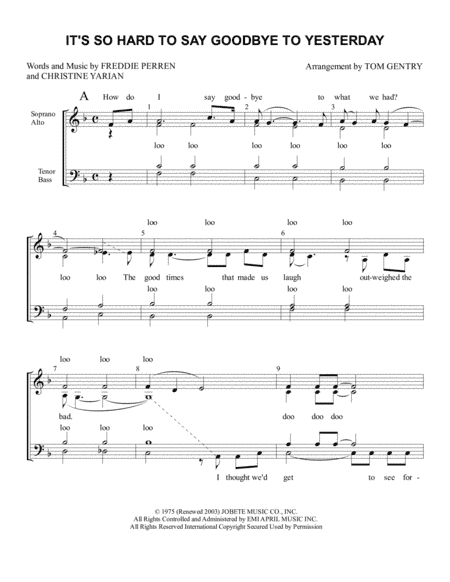 It's So Hard To Say Goodbye To Yesterday (arr. Tom Gentry)