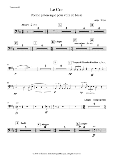 Ange Flégier: Le Cor for bass voice and orchestra, Trombone III (bass trombone)  part (arr. Musik Fabrik Music Publishing)