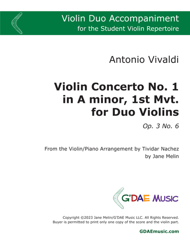 Vivaldi - Violin Concerto in Am Op. 3 No. 6 Mvt 1 - Second Violin (Duo) Accompaniment (arr. T. Nachez, Jane Melin)