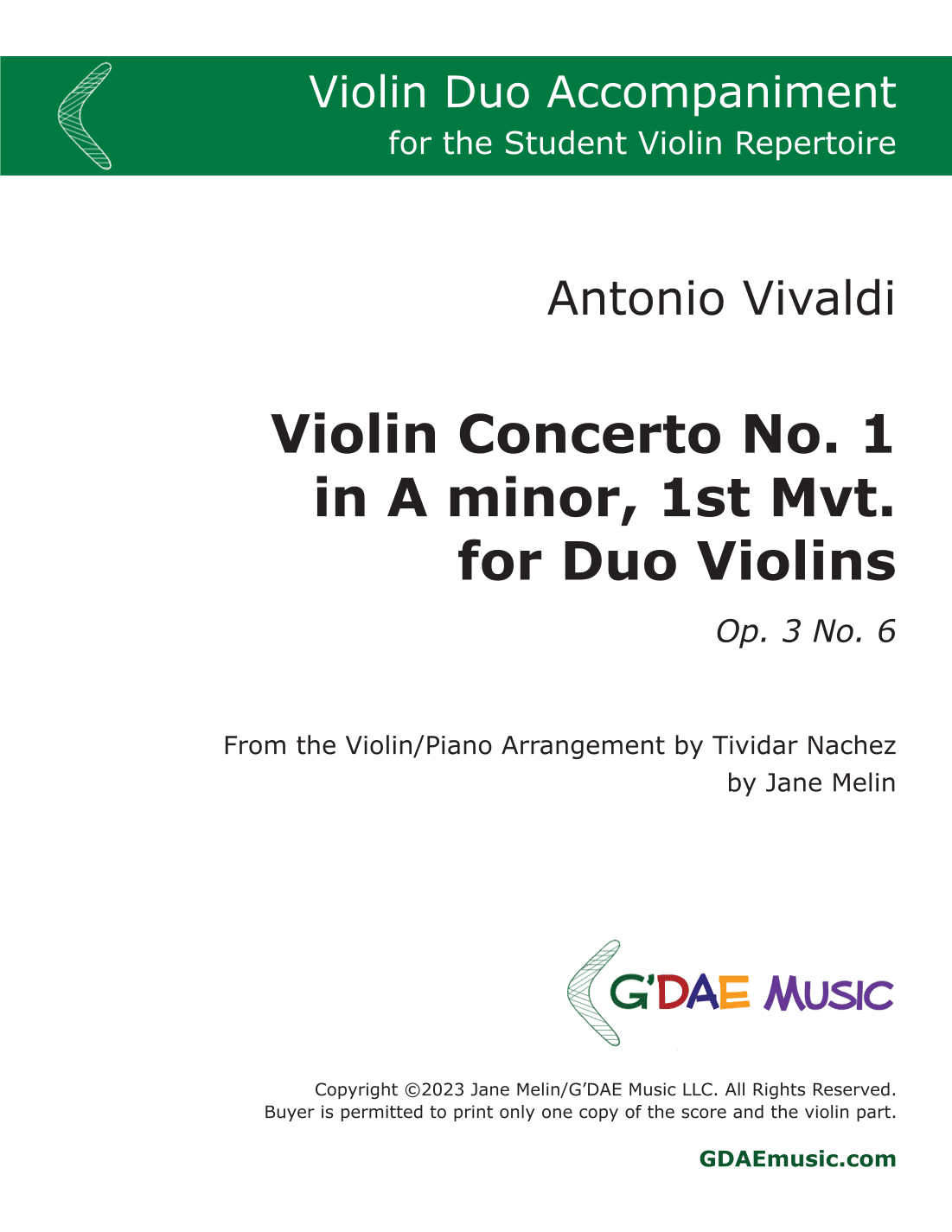 Vivaldi - Violin Concerto in Am Op. 3 No. 6 Mvt 1 - Second Violin (Duo) Accompaniment (arr. T. Nachez, Jane Melin)