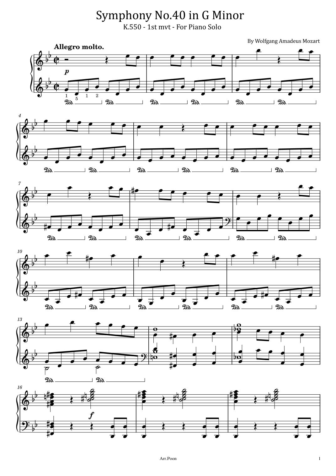 Mozart - Symphony No.40 in Gm - K.550 - 1st mvt - For Piano Solo (arr. poon)
