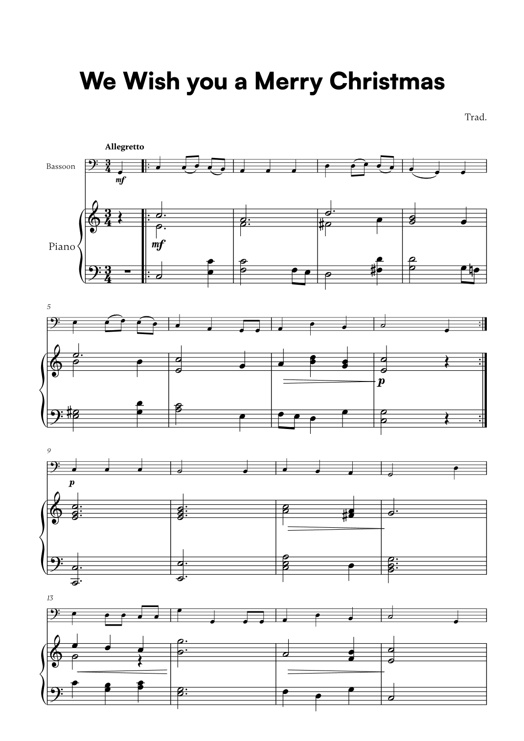 Trad. - We Wish you a Merry Christmas (for Bassoon and Piano) (arr. Cadenza Editions)