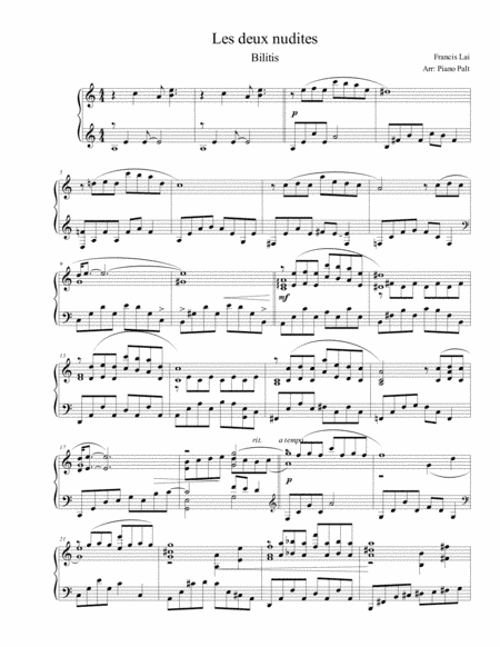 Bilitis (theme From) (arr. Piano Palt)