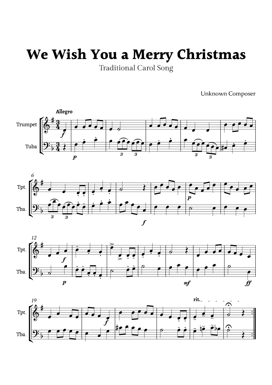We Wish you a Merry Christmas for Trumpet and Tuba Duet (arr. Rika K.)