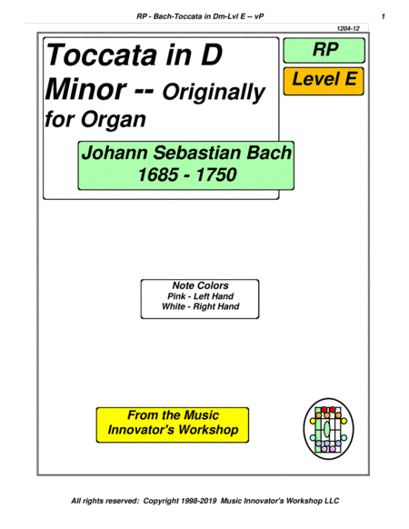 Bach - Toccata in D Minor - Level E - Arr. for Piano - (Key Map Tablature) (arr. John M. Honeycutt)