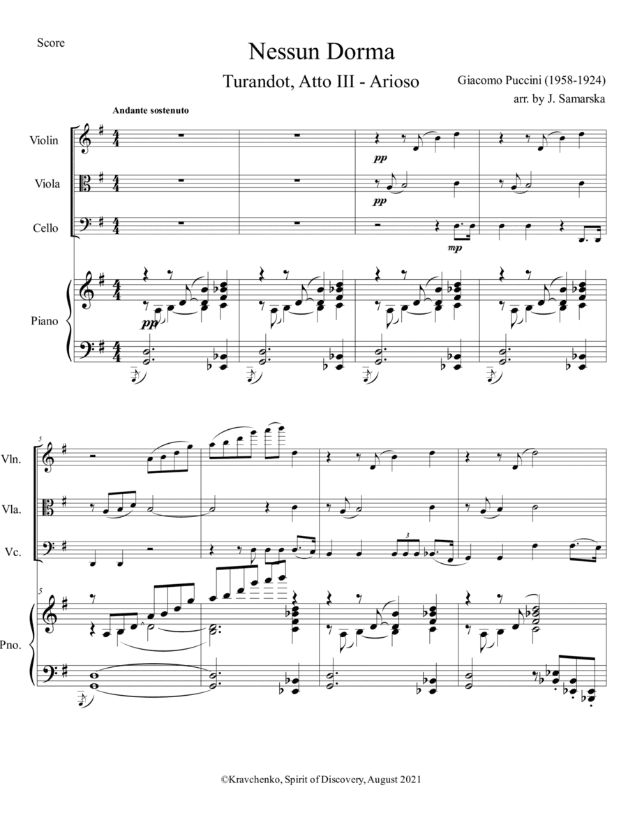 Giacomo Puccini - Nessun Dorma (Turandot) for piano quartet (score and parts) (arr. Julia Samarska)