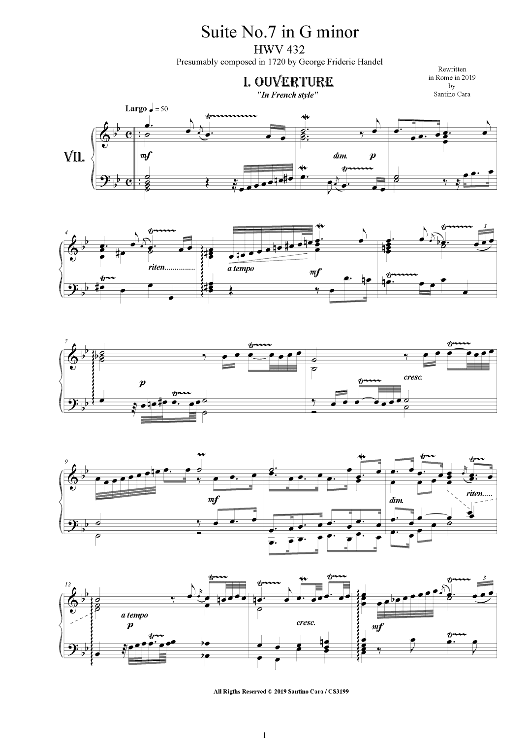 Handel - Piano Suite No.7 in G minor HWV 432 (arr. Santino Cara)