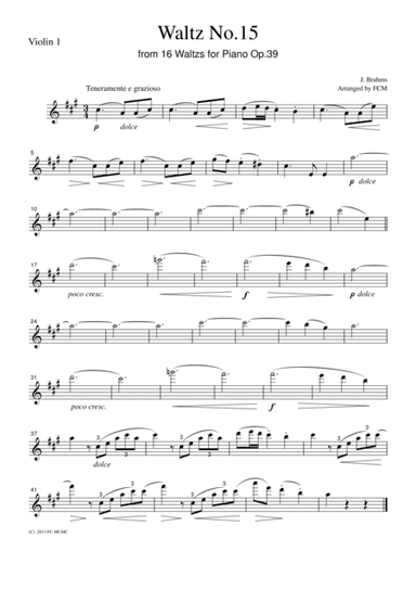 Brahms  Waltz No.15 from Waltzs for Piano Op.39, for string quartet, CB306 (arr. FCMUSIC)