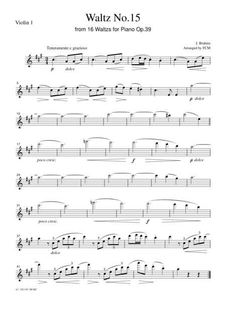 Brahms  Waltz No.15 from Waltzs for Piano Op.39, for string quartet, CB306 (arr. FCMUSIC)