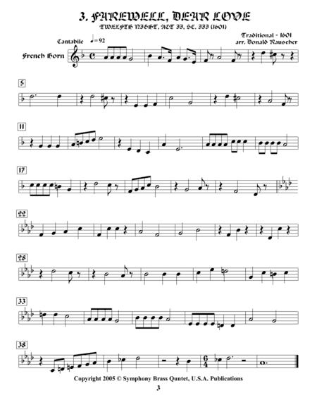 Shakespearean Music for Brass Quintet - 3. Farewell, Dear Love - Twelfth Night (French Horn) (arr. Donald Rauscher / Transcribed by R.R.Cardo)