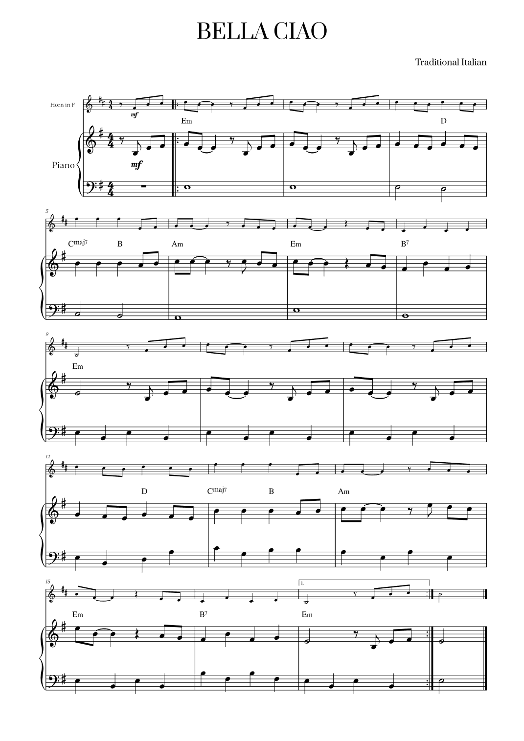 Bella Ciao with chords for French Horn and Piano (arr. Cadenza Editions)