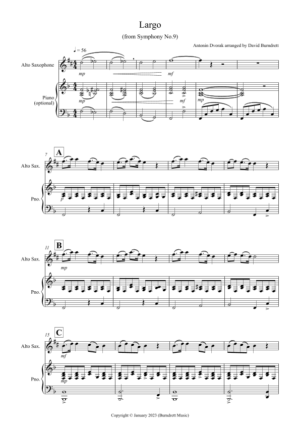 Largo (from the 'New World Symphony') for Alto Saxophone and Piano (arr. David Burndrett)