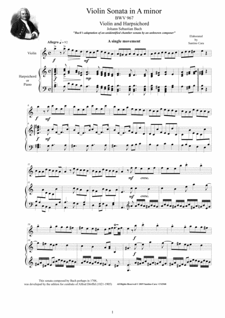 Bach - Violin Sonata in A minor BWV 967 for Violin and Harpsichord (or Piano) (arr. Santino Cara)