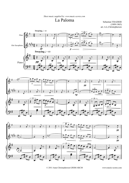 La Paloma - Flute,  Alto Sax and Piano (arr. Anne L Christopherson GRSM ARCM)