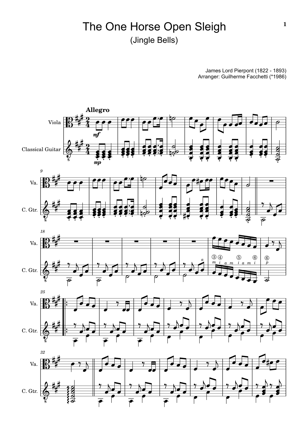 The One Horse Open Sleigh (Jingle Bells) - Arranged for Viola and Classical Guitar (Score and Parts) (arr. Guilherme Facchetti)