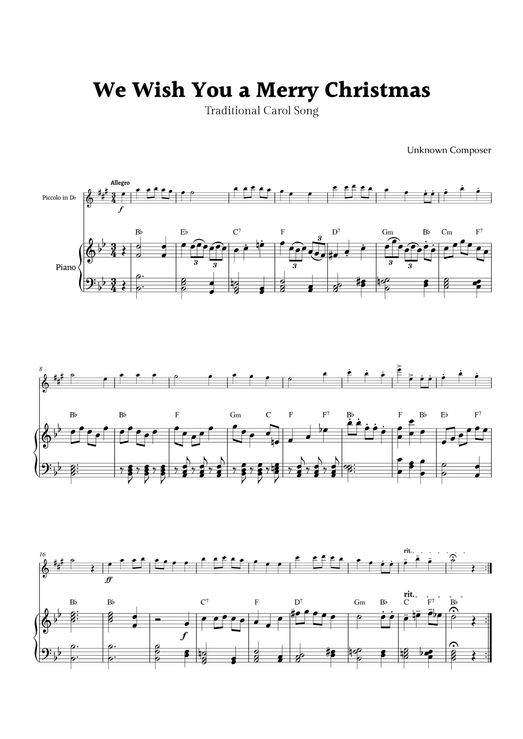 We Wish you a Merry Christmas for D- Flat Piccolo and Piano (arr. Rika K.)