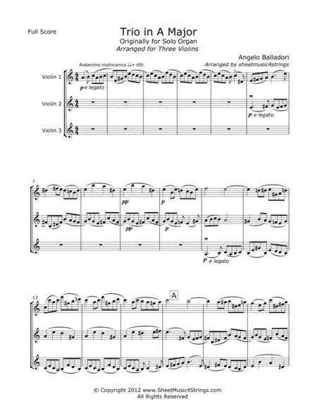 Balladori, A. - Trio in A for Three Violins (arr. Linda M. Scott)