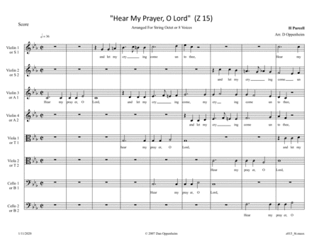 Purcell: "Hear My Prayer, O Lord" (Z 15) arr. for String Octet or 8 Voices (arr. D Oppenheim)