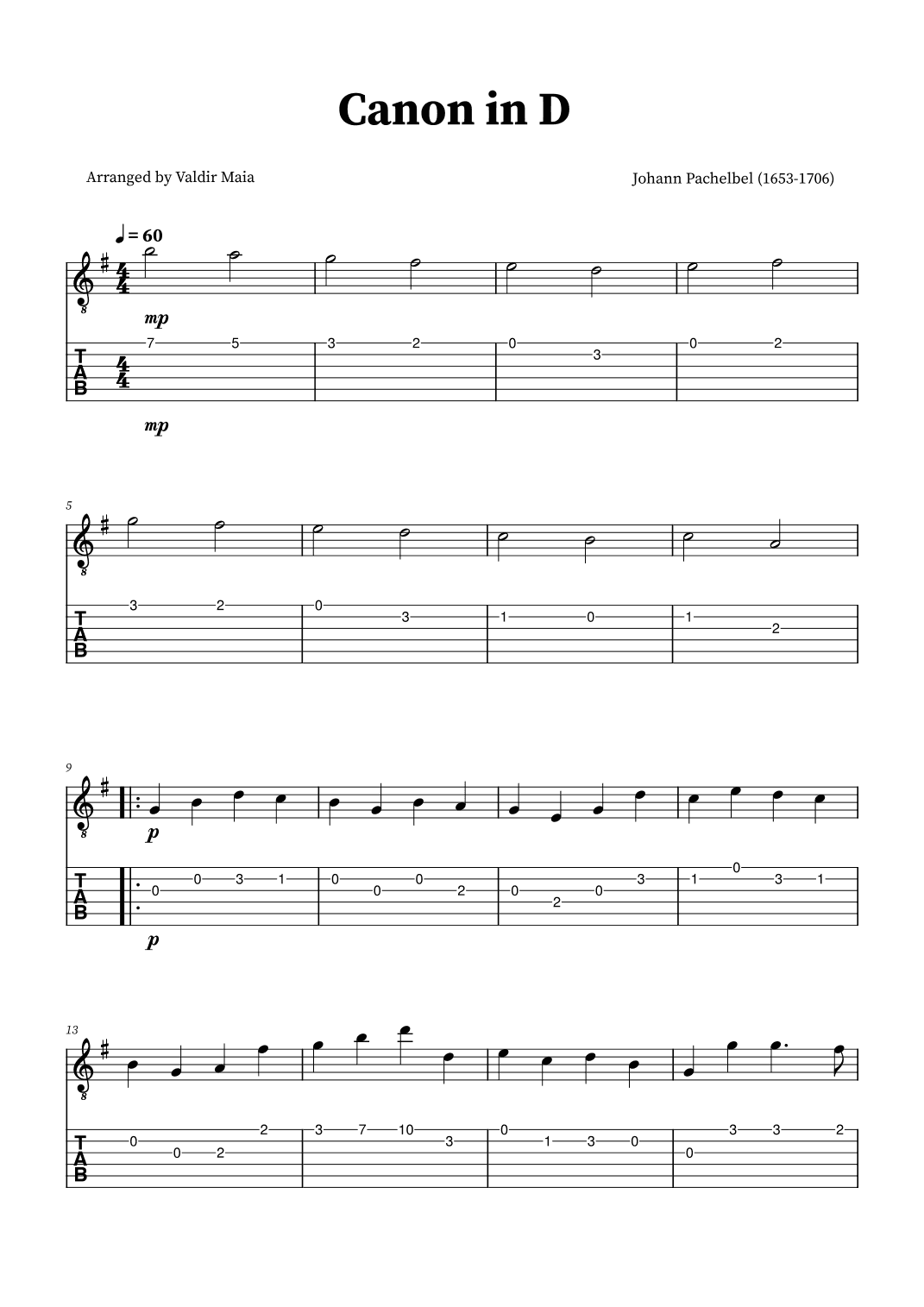 Canon in D - Acoustic Guitar Solo + TABLATURE (arr. Valdir Maia)