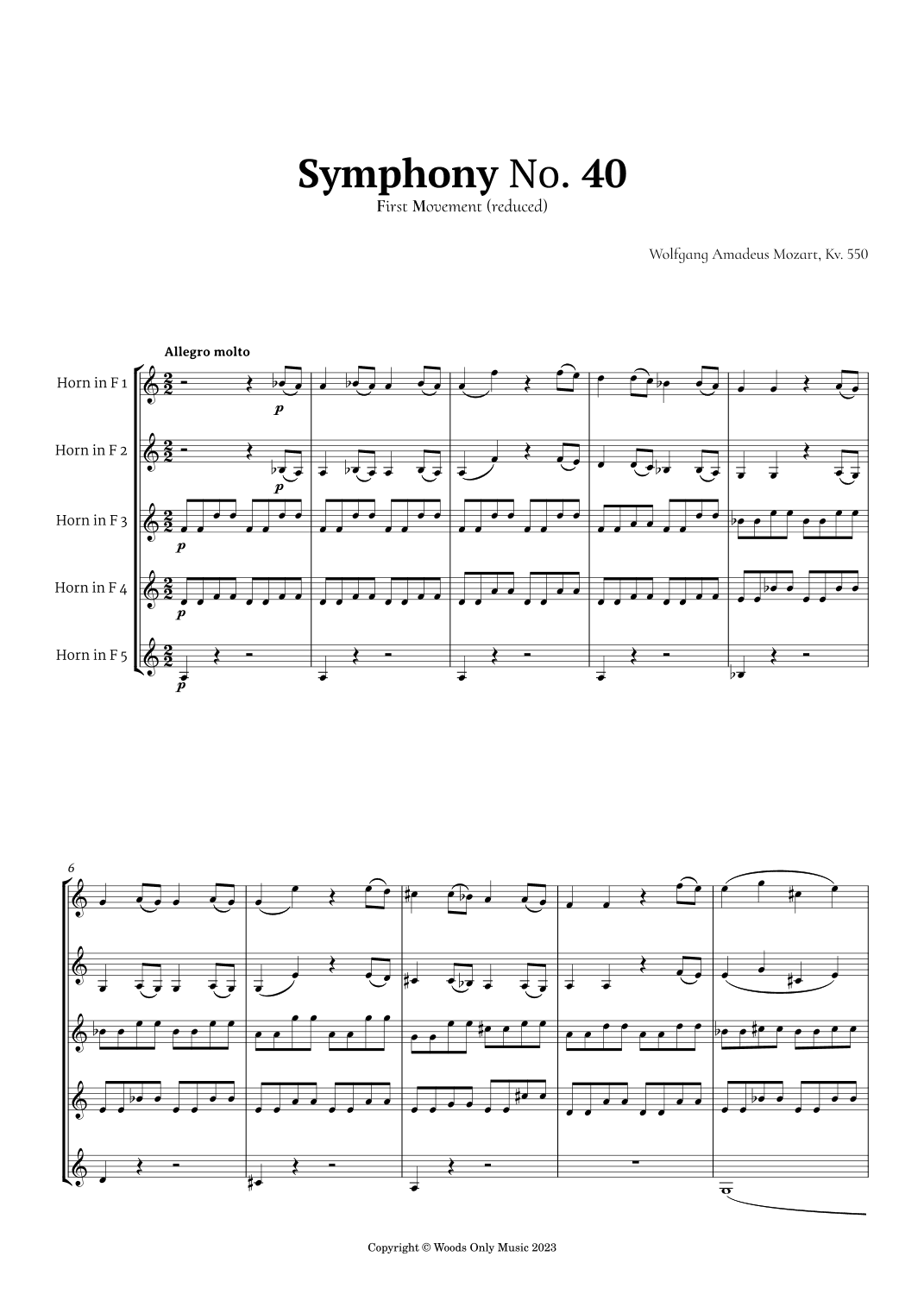 Symphony No. 40 by Mozart for French Horn Quintet (arr. Ander)