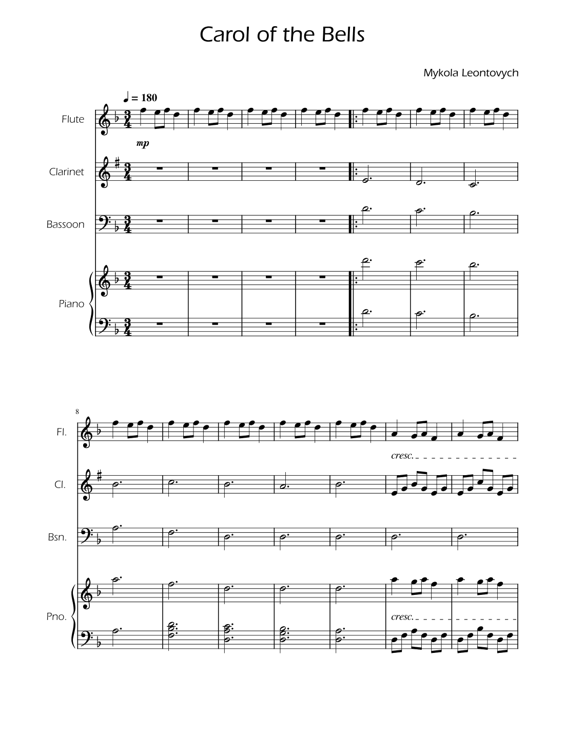 Carol of the Bells - Woodwind Trio w/ Piano (arr. Ygor Nunes)