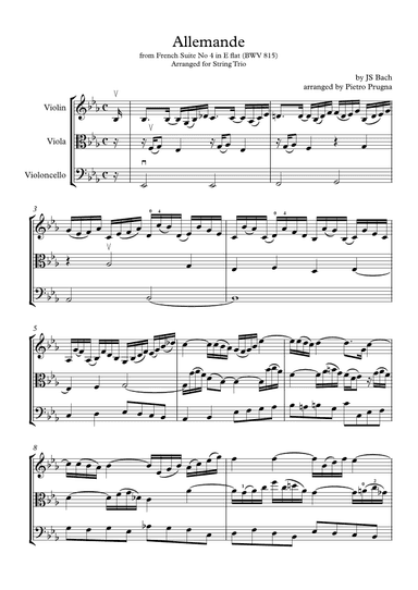 Allemande from French Suite No 4 in E flat major (BWV 815) by JS Bach - arranged for String Trio (arr. Pietro Prugna)