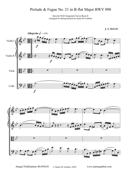 BACH: Prelude & Fugue No. 21 in B-flat Major, BWV 890 for String Quartet (arr. James M. Guthrie)