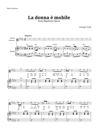 La donna è mobile in G-flat major for Mezzo Soprano and Piano (arr. Langanho)