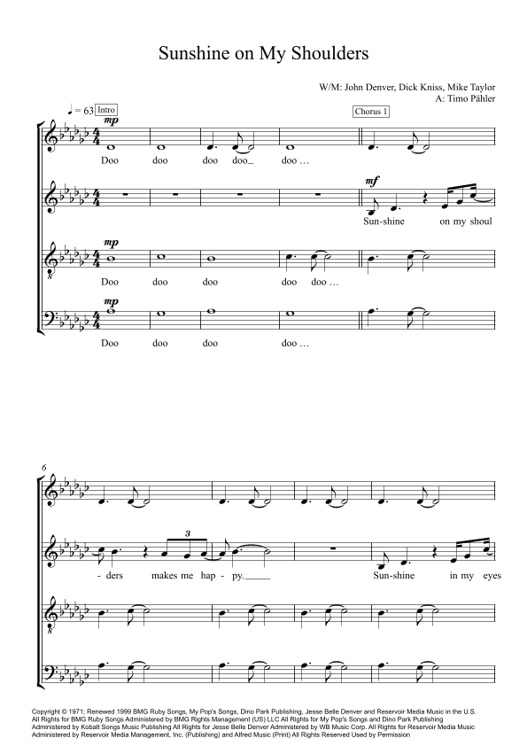 Sunshine On My Shoulders (arr. Timo Paehler)